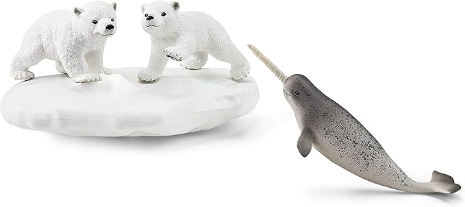 Schleich Wild Life 4pc. Polar Playground with Polar Bear Cub and Narwhal Figurines - Highly Detailed Polar Playset, Durable for Education and Fun Play, Perfect for Boys and Girls, Ages 3+ - Figurio