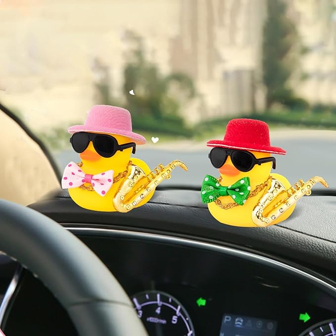 wonuu Rubber Duck Car Ornaments Cute Car Accessories for Duck Car Dashboard Decorations with Bow Tie TOP Hat Necklace and Musical Instruments, Pink hat&tie - Figurio