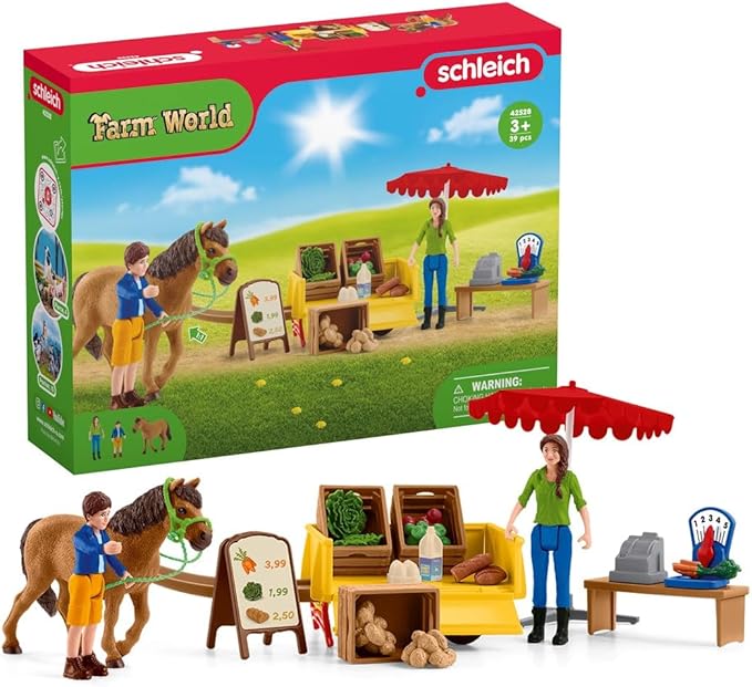 Schleich Farm World — Sunny Day Mobile Farm Stand Playset, Farm Play Set with Farmer Dolls, Horse and Mobile Produce Stand, Farm Animal Toys for Kids Ages 3+ - Figurio