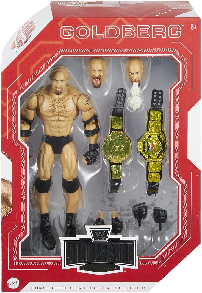 Mattel WWE Ultimate Edition Action Figure & Accessories, 6-inch Goldberg Collectible Set, Swappable Heads & Hands, Entrance Gear & 30 Articulation Points - Figurio