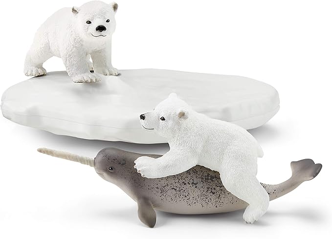 Schleich Wild Life 4pc. Polar Playground with Polar Bear Cub and Narwhal Figurines - Highly Detailed Polar Playset, Durable for Education and Fun Play, Perfect for Boys and Girls, Ages 3+ - Figurio