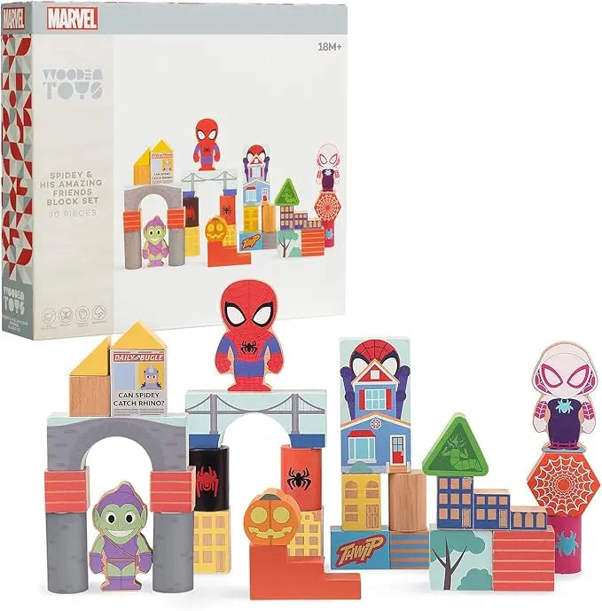 Just Play Disney Marvel Wooden Toys Spidey and His Amazing Friends 30-piece Building Blocks Set, Officially Licensed Kids Toys for Ages 18 Month - Figurio