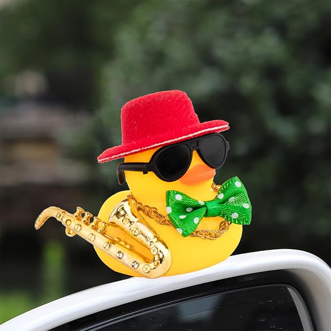 wonuu Rubber Duck Car Ornaments Cute Car Accessories for Duck Car Dashboard Decorations with Bow Tie TOP Hat Necklace and Musical Instruments, Red hat green tie - Figurio