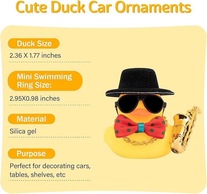 wonuu Rubber Duck Car Ornaments Cute Car Accessories for Duck Car Dashboard Decorations with Bow Tie TOP Hat Necklace and Musical Instruments, Black - Figurio