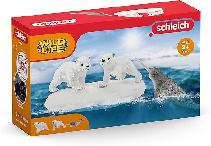 Schleich Wild Life 4pc. Polar Playground with Polar Bear Cub and Narwhal Figurines - Highly Detailed Polar Playset, Durable for Education and Fun Play, Perfect for Boys and Girls, Ages 3+ - Figurio