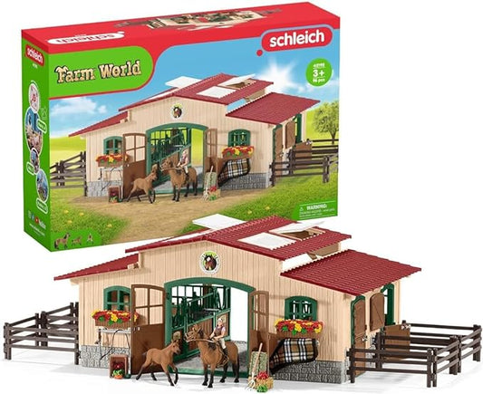 Schleich Horse Barn and Stable Playset - Award-Winning Riding Center 96 Piece Set, 2 Pony Toys, Rider Figurine, and Farm Accessories, for Girls and Boys 3 Years Old and Above - Figurio