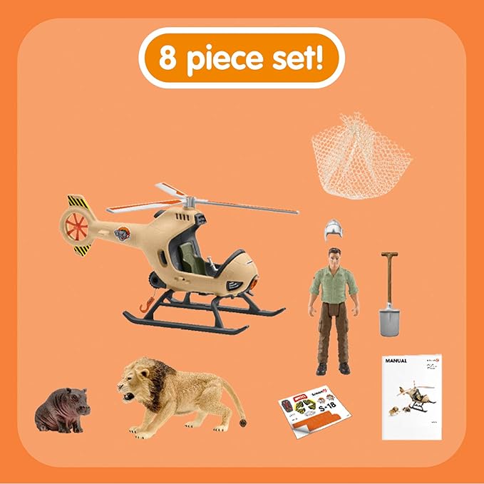 Schleich Wild Life 8pc. Animal Rescue Helicopter Playset with Lion and Hippo Figurines - Highly Detailed Wild Animal Playset, Durable for Education and Fun Play, Perfect for Boys and Girls, Ages 3+ - Figurio