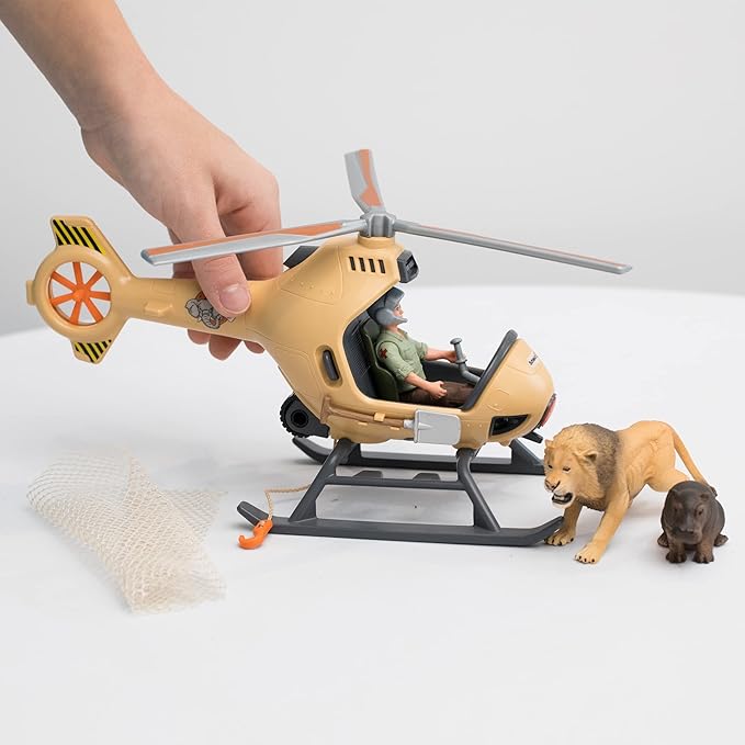 Schleich Wild Life 8pc. Animal Rescue Helicopter Playset with Lion and Hippo Figurines - Highly Detailed Wild Animal Playset, Durable for Education and Fun Play, Perfect for Boys and Girls, Ages 3+ - Figurio