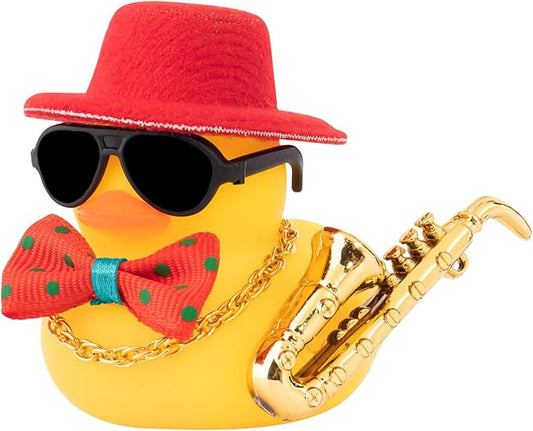 wonuu Rubber Duck Car Ornaments Cute Car Accessories for Duck Car Dashboard Decorations with Bow Tie TOP Hat Necklace and Musical Instruments, Red hat&tie - Figurio