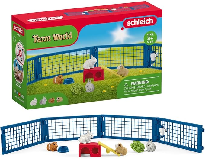 Schleich Farm World, Animal Toys for Kids, Rabbit and Guinea Pig Toy Set with Hutch 14-Piece Set, Ages 3+ - Figurio