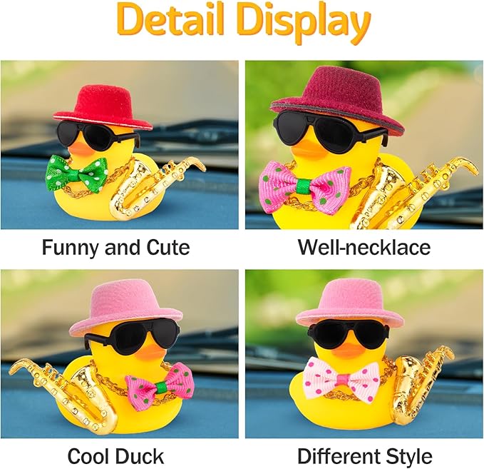 wonuu Rubber Duck Car Ornaments Cute Car Accessories for Duck Car Dashboard Decorations with Bow Tie TOP Hat Necklace and Musical Instruments, Pink hat rose tie - Figurio