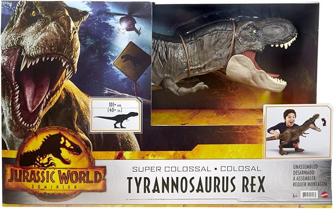 Mattel Jurassic World Super Colossal Tyrannosaurus Rex Action Figure Toy, T Rex Dinosaur 3-ft+ Long with Eating Feature - Figurio