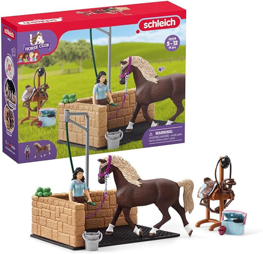 Schleich Horse Club — 19-Piece Equestrian Washing Area Horse Playset with Horse and Rider Figurines, Washing Stall with Moving Swivel Hose Arm, Horse Toys for Girls & Boys Ages 5+ - Figurio