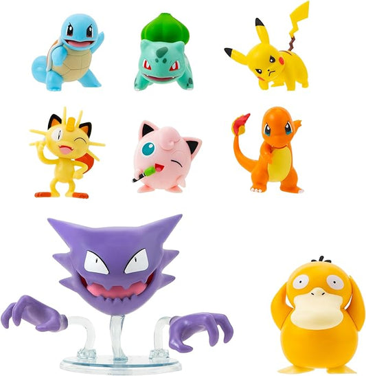 Pokemon Battle Figure 8-Pack - Comes with 2” Pikachu, 2” Bulbasaur, 2” Squirtle, 2” Charmander, 2” Meowth, 2" Jigglypuff, 3” Loudred, and 3” Psyduck - Figurio