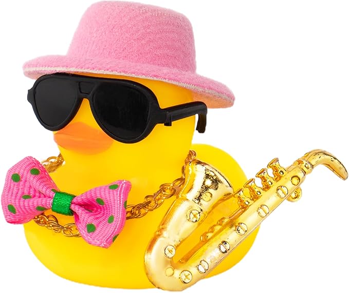 wonuu Rubber Duck Car Ornaments Cute Car Accessories for Duck Car Dashboard Decorations with Bow Tie TOP Hat Necklace and Musical Instruments, Pink hat rose tie - Figurio