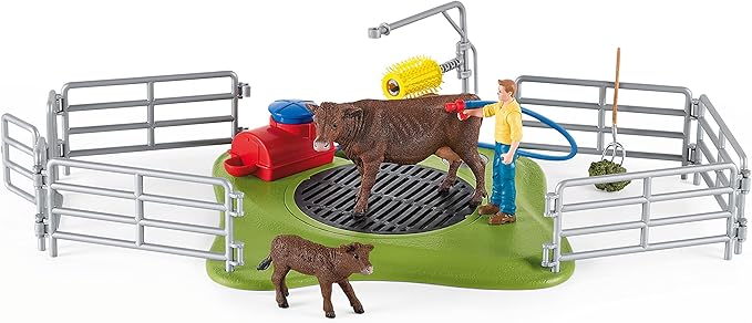 Schleich Farm World, Farm Animal Toys for Kids, Happy Cow Wash with Cow Toys and Working Wash Area 16-piece set, Ages 3+ - Figurio