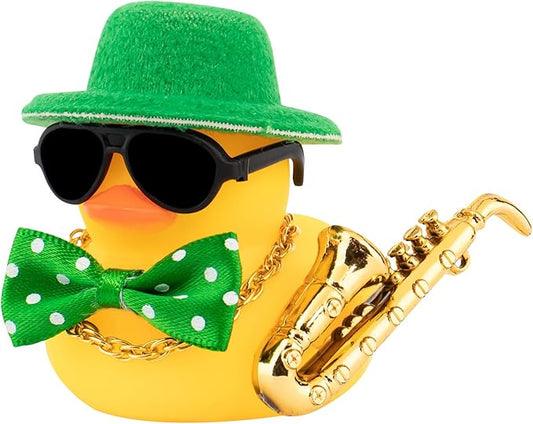 wonuu Rubber Duck Car Ornaments Cute Car Accessories for Duck Car Dashboard Decorations with Bow Tie TOP Hat Necklace and Musical Instruments, Green - Figurio