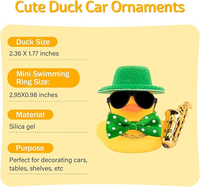 wonuu Rubber Duck Car Ornaments Cute Car Accessories for Duck Car Dashboard Decorations with Bow Tie TOP Hat Necklace and Musical Instruments, Green - Figurio