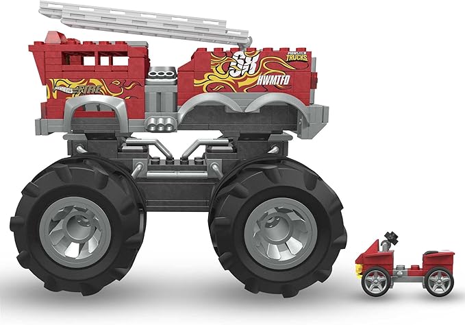 MEGA Hot Wheels Monster Trucks Toy Car Building Set, HW 5-Alaram Fire Truck with 284 Pieces, 1 Micro Action Figure Driver, Red, Kids Age 5+ Years - Figurio