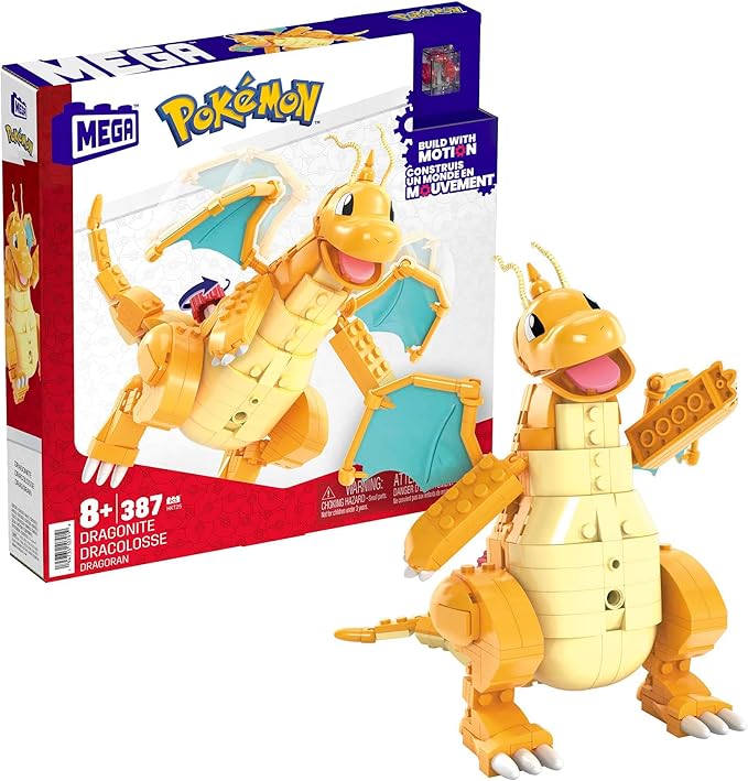 MEGA Pokémon Building Toys Set Dragonite with 388 Pieces, Articulated and Poseable with Motion, 7 Inches Tall, for Kids - Figurio