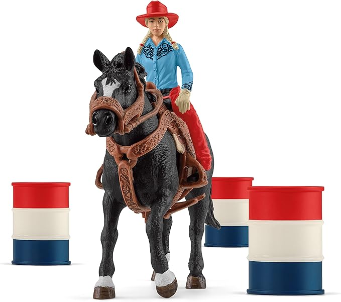 Schleich Farm World 3-Barrel Rodeo Racing Playset - Cowgirl Rodeo Racing Toy Set with Horse, Realistic Western Rodeo Farm Animal Toys and Accessories, 7-Piece Kids Toy for Boys and Girls - Figurio