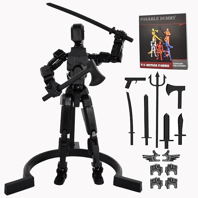 Creative Action Figure with Pose Stand,Building Toy Sets,3D Robot,Lucky Puppet Joints for Boys,Girls,Men,Women,Multi-Jointed Moveable Dummy Desk Decoration,Desktop Ornament for Game Lover (Black) - Figurio