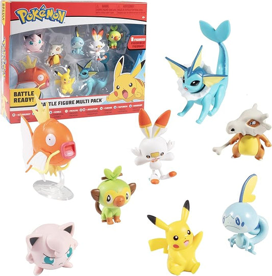 Pokemon Battle Ready! Figure Set, 8 Pieces - Playset with 2 & 3 inch Figures Pikachu, Scorbunny, Grookey, Sobble, Jigglypuff, Cubone, Vaporeon & Magikarp - Gift for Kids, Boys, Girls - Ages 4+ - Figurio