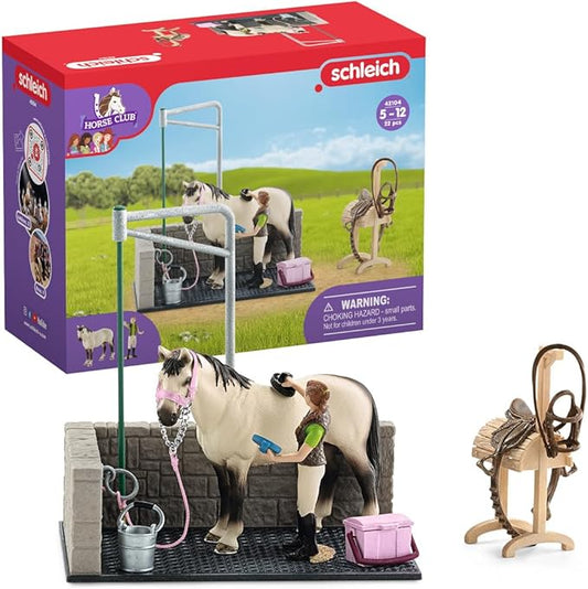 Schleich Horse Club, Gifts for Girls and Boys, Horse Wash Area Set with Horse Figurine, 11 Pieces, Ages 5+ - Figurio