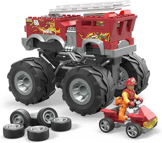 MEGA Hot Wheels Monster Trucks Toy Car Building Set, HW 5-Alaram Fire Truck with 284 Pieces, 1 Micro Action Figure Driver, Red, Kids Age 5+ Years - Figurio