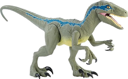 Mattel Jurassic World Super Colossal Velociraptor Blue Dinosaur Action Figure Toy, 3.5-ft Long with Eating Feature (Amazon Exclusive) - Figurio