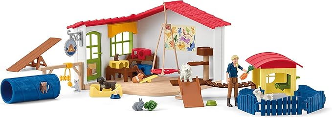 Schleich Farm World Baby Pet Animal Play Hotel with Caretaker Figurine - Large 54-Piece Playset with Dog, Cat, Bunny, Plus Accessories and More, Imagination for Boys and Girls, Gift for Kids Age 3+ - Figurio