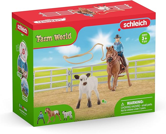 Schleich Farm World Rodeo Roping Playset - Cowgirl Rodeo Rider Figurine with Cow, Pen, and Rope, Realistic Western Rodeo Farm Toys and Accessories, 9-Piece Kids Toy for Boys and Girls - Figurio