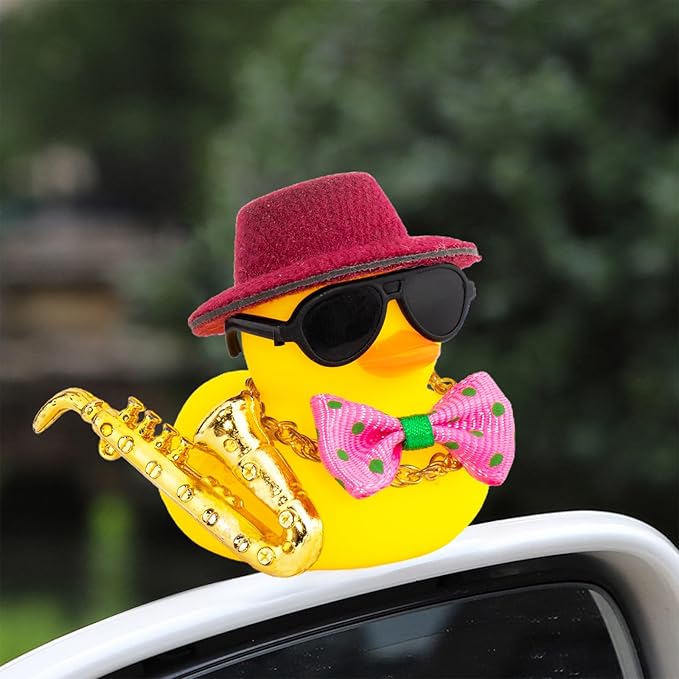 wonuu Rubber Duck Car Ornaments Cute Car Accessories for Duck Car Dashboard Decorations with Bow Tie TOP Hat Necklace and Musical Instruments, Wine red - Figurio