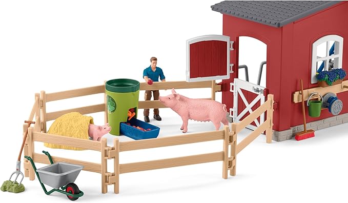 Schleich Farm World Animal Farm Playset with Figurine and Accessories - 92pc Kids Animal Farm Playset with Cow, Horse, Pig, Bull, and Accessories for Boys and Girls, Gift for Kids Age 3+, Red - Figurio