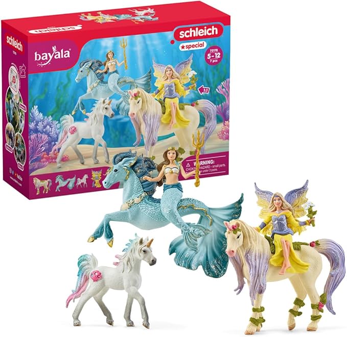 Schleich bayala 5-Piece Starter Set - Fairy Feya, Mermaid Eyela, with Unicorn, Pegasus, and Seahorse Playset - Magical and Colorful Toy Set, Enchanting Gift for Boys and Girls, Kids Age 5+ - Figurio