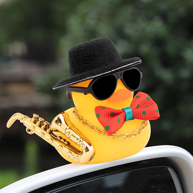 wonuu Rubber Duck Car Ornaments Cute Car Accessories for Duck Car Dashboard Decorations with Bow Tie TOP Hat Necklace and Musical Instruments, Black - Figurio