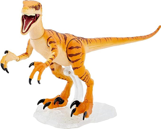 Mattel Jurassic World Toys Amber Collection Tiger Velociraptor 6-in Dinosaur Action Figure, Movie-Authentic Detail, Movable Joints & Figure Display Stand, Collectible Gift 8 Years & Up - Figurio