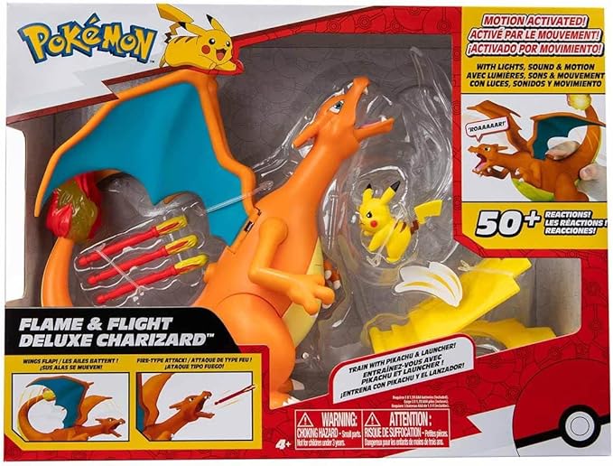 Pokémon Charizard Deluxe Feature Figure - Includes 7-inch Interactive Charizard Figure Plus 2-inch Pikachu Figure with Figure Launcher - Authentic Details - Figurio