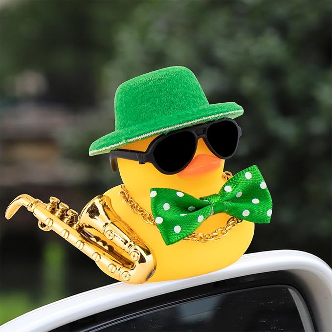 wonuu Rubber Duck Car Ornaments Cute Car Accessories for Duck Car Dashboard Decorations with Bow Tie TOP Hat Necklace and Musical Instruments, Green - Figurio