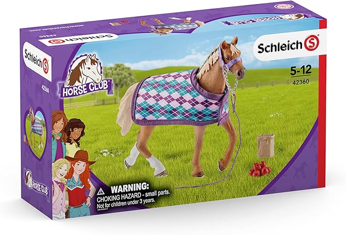 Schleich Horse Club, 4-Piece Playset, Horse Toys for Girls and Boys 5-12 years old English Thoroughbred with Blanket - Figurio