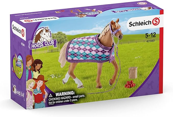 Schleich Horse Club, 4-Piece Playset, Horse Toys for Girls and Boys 5-12 years old English Thoroughbred with Blanket - Figurio