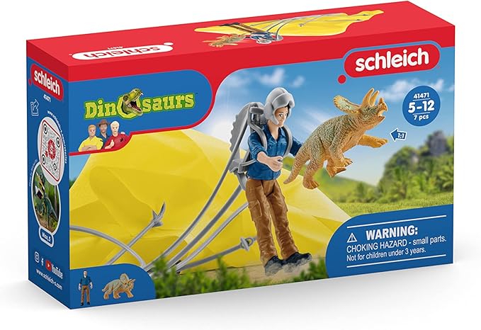 Schleich Dinosaurs, Dinosaur Toy for Boys and Girls, Parachute Rescue Playset with Baby Triceratops Toy, 7 Pieces, Ages 4+ - Figurio