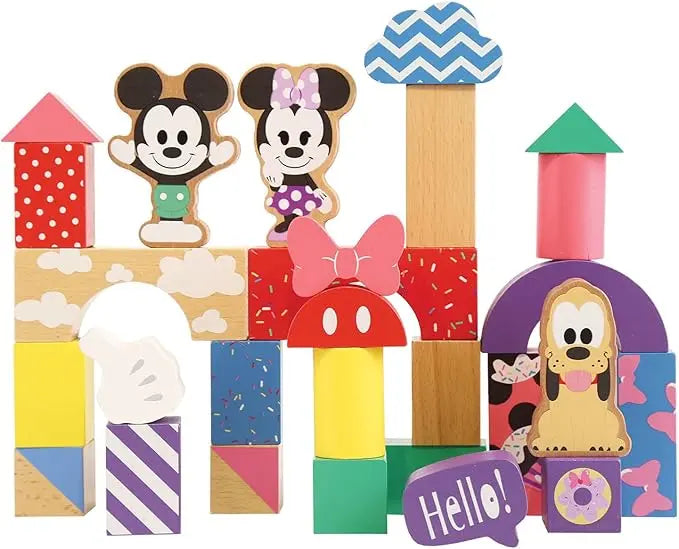 Just Play Disney Wooden Toys Mickey Mouse & Friends Block Set, 28-Piece Set Includes Mickey Mouse, Minnie Mouse, and Pluto, Kids Toys for Ages 18 Month - Figurio