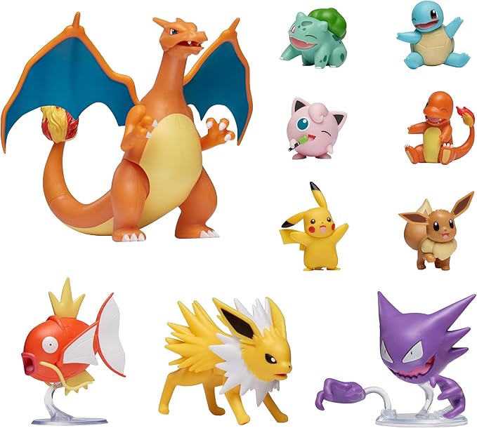 Pokémon Official Ultimate Battle Figure 10-Pack - 2" Pikachu, 2" Charmander, 2" Squirtle, 2" Bulbasaur, 2" Eevee, 2" Jigglypuff, 3" Magikarp, 3" Haunter, 3" Jolteon, 4.5” Charizard (Amazon Exclusive) - Figurio