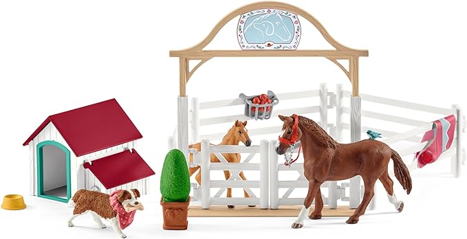 Schleich Horse Club — Hannah's Guest Horses Playset, 20-Piece Horse Stable Toy Set Including Mare, Foal, Hannah Doll and Dog Figurine, Horse Toys for Girls and Boys Ages 5+ - Figurio