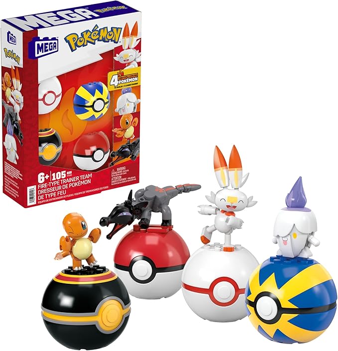 Mega Pokémon Building Toys Set Fire-Type Trainer Team with 105 Pieces, 4 Poseable Character, 2 Inches Tall, for Kids - Figurio