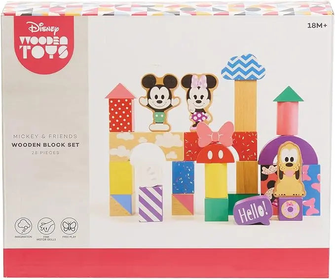 Just Play Disney Wooden Toys Mickey Mouse & Friends Block Set, 28-Piece Set Includes Mickey Mouse, Minnie Mouse, and Pluto, Kids Toys for Ages 18 Month - Figurio