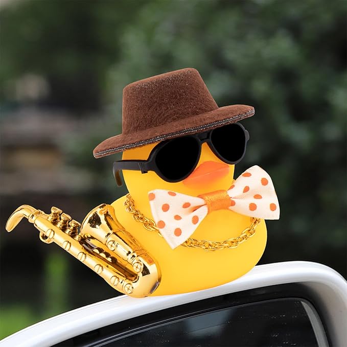 wonuu Rubber Duck Car Ornaments Cute Car Accessories for Duck Car Dashboard Decorations with Bow Tie TOP Hat Necklace and Musical Instruments, Brown - Figurio