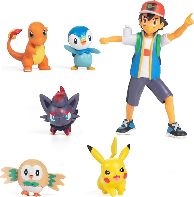 Pokémon Battle Ready! Figure Set, 6 Pieces - Includes 4.5" Ash & Launching Pikachu, 2" Charmander, 2” Rowlet, 2” Piplup, 2” Zorua - Officially Licensed - Toy Gift for Kids, Boys & Girls - Ages 4+ - Figurio