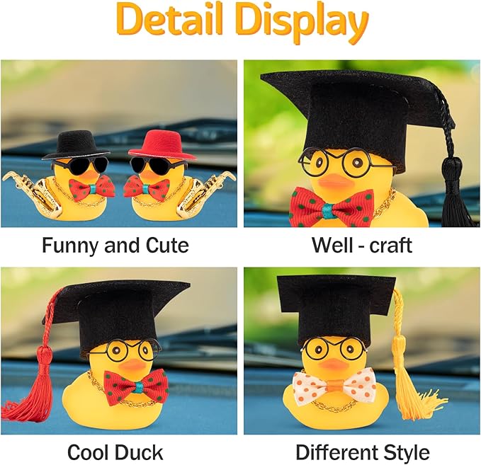 wonuu Rubber Duck Car Ornaments Cute Car Accessories for Duck Car Dashboard Decorations with Bow Tie TOP Hat Necklace and Musical Instruments, Red hat&tie - Figurio